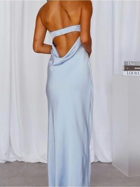 Realtix Strapless Light Blue Cowl-Back Maxi Dress, size Small NWT